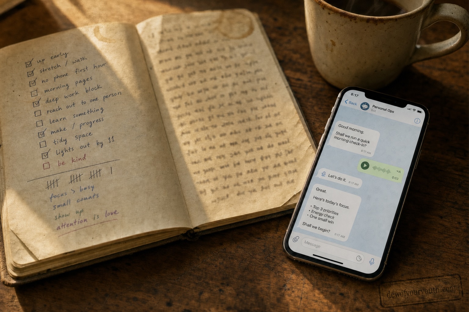 Two years ago my Elul accountability experiment half-worked. The problem was friction, not motivation — and I had no mechanism to adjust expectations based on actual performance. So I built one: voice capture via Telegram, weekly LLM digest, and a daily agenda calibrated to what I've actually been completing versus missing.