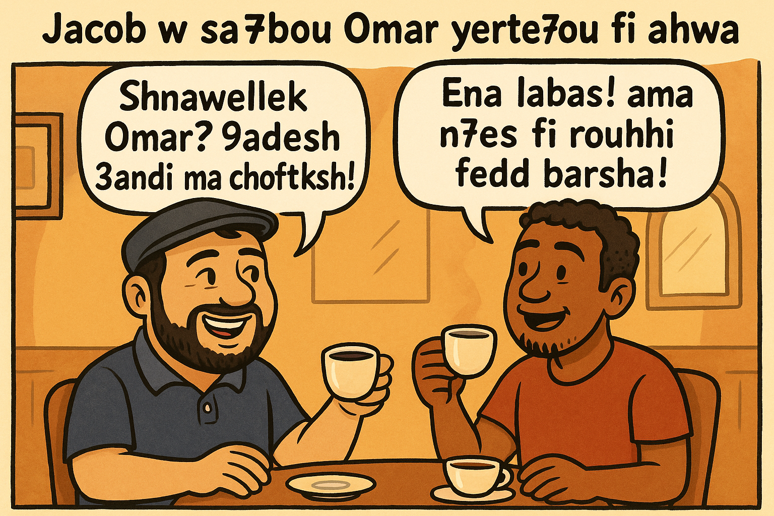 Two simple Tunisian Arabic dialogues — Jacob meets a friend for coffee and visits the doctor, with audio recordings for pronunciation practice.